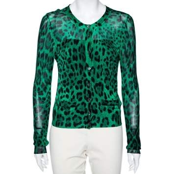 Pre Owned Dolce & Gabbana Green Animal Print Knit Button Front Cardigan M