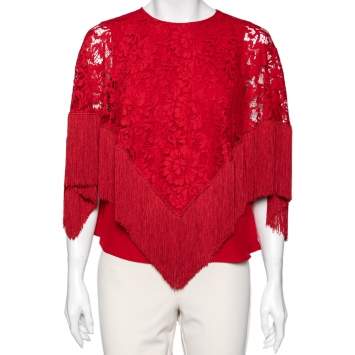 Pre Owned Dolce & Gabbana Red Lace Overlay Fringed Poncho Top M