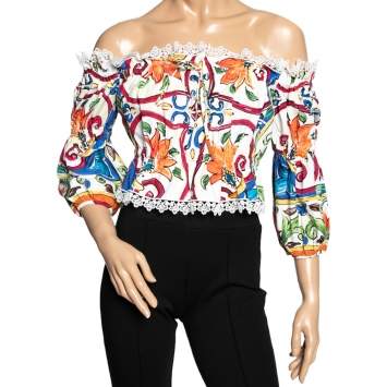 Pre Owned Dolce & Gabbana Multicolored Printed Cotton & Lace Trimmed Cropped Top M
