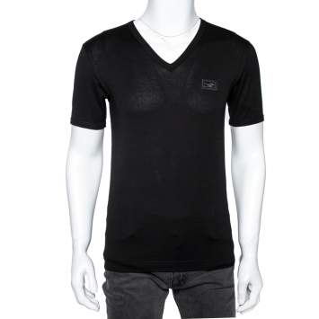Pre Owned Dolce and Gabbana Black Cotton V Neck Short Sleeve T-Shirt L