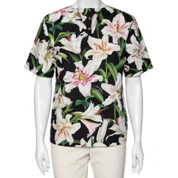 Pre Owned Dolce & Gabbana Multicolor Lily Print Cotton Short Sleeve Top M