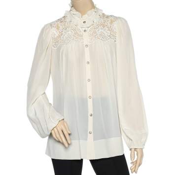 Pre Owned Dolce & Gabbana Cream Silk & Lace Paneled Ruffled Neck Shirt M