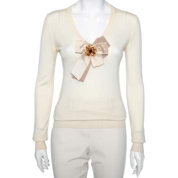 Pre Owned Dolce & Gabbana Vintage Yellow Cashmere Embellished Bow Detailed Sweater S