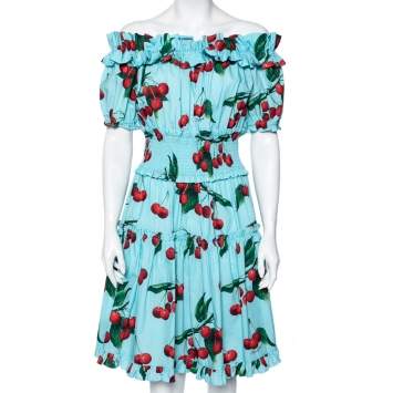 Pre Owned Dolce & Gabbana Exclusive Blue Cherry Print Cotton Ruffled Off-Shoulder Dress M
