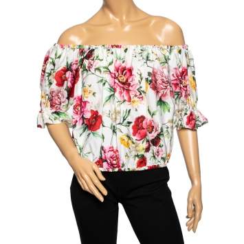 Pre Owned Dolce & Gabbana White Floral Printed Cotton Off-Shoulder Top M