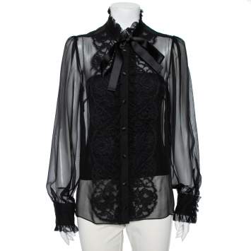 Pre Owned Dolce & Gabbana Black Silk & Lace Ruffle Trimmed Button Front Shirt L
