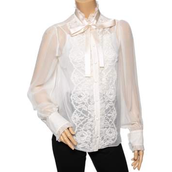 Pre Owned Dolce & Gabbana White Silk & Lace Ruffle Trimmed Button Front Shirt L