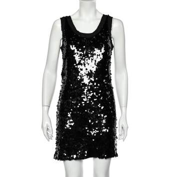 Pre Owned Dolce & Gabbana Black Sequin Embellished Tulle Trim Detail Sleeveless Sheath Dress M