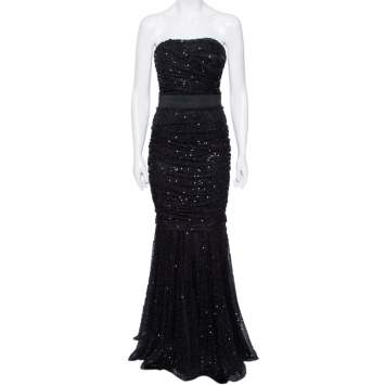 Pre Owned Dolce and Gabbana Black Sequin Embellished Tulle Ruched Strapless Gown S