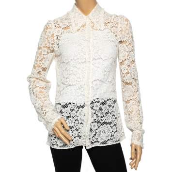 Pre Owned Dolce & Gabbana Cream Floral Lace Button Front Shirt M