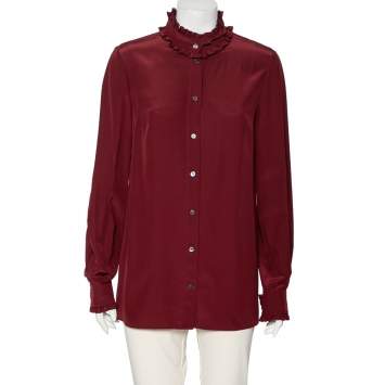 Pre Owned Dolce & Gabbana Burgundy Silk Ruffle Trim Detailed Button Front Shirt M 