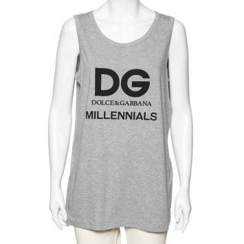 Pre Owned Dolce & Gabbana Grey Cotton Logo Printed Crewneck Tank Top M 