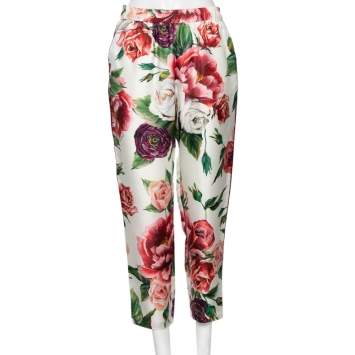 Pre Owned Dolce & Gabbana White Floral Printed Silk Tapered Pants M