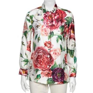 Pre Owned Dolce & Gabbana White Floral Printed Silk Button Front Shirt M 
