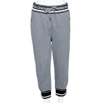 Pre Owned Dolce & Gabbana Grey Cotton Logo Trimmed Cropped Track Pants M