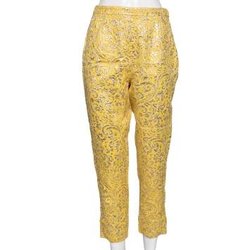 Pre Owned Dolce & Gabbana Yellow Lurex Floral Jacquard Cropped Pants S