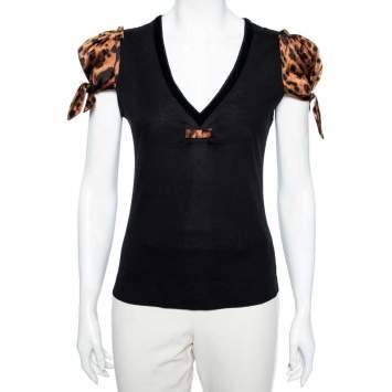 Pre Owned Dolce & Gabbana Black Satin & Animal Printed Satin V-Neck T-Shirt S