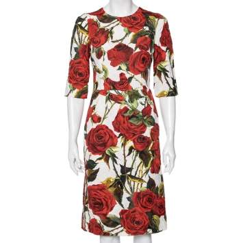 Pre Owned Dolce & Gabbana Multicolor Rose Printed Cotton & Silk Sheath Dress S