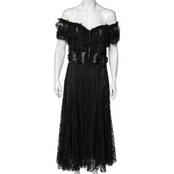 Pre Owned Dolce & Gabbana Black Lace Ruffled Off Shoulder Midi Dress L