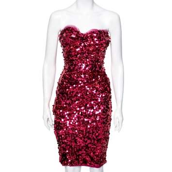 Pre Owned Dolce & Gabbana Pink Sequin Embellished Ruched Strapless Dress S