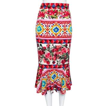 Pre Owned Dolce & Gabbana Multicolored Printed Silk Flounce Skirt S 