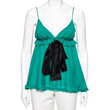 Pre Owned Dolce & Gabbana Green Silk Tie Detail Ruffled Sleeveless Top S