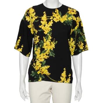 Pre Owned Dolce & Gabbana Black & Yellow Floral Printed Crepe Blouse M