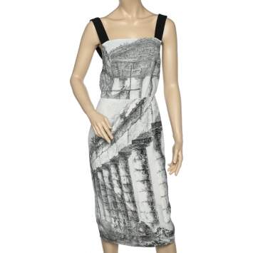 Pre Owned Dolce & Gabbana Monochrome Temple Printed Crepe Sleeveless Midi Dress S