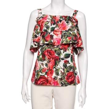 Pre Owned Dolce & Gabbana Multicolored Rose Printed Cotton Cold Shoulder Top S