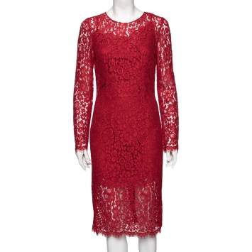 Pre Owned Dolce & Gabbana Red Lace Long Sleeve Dress M
