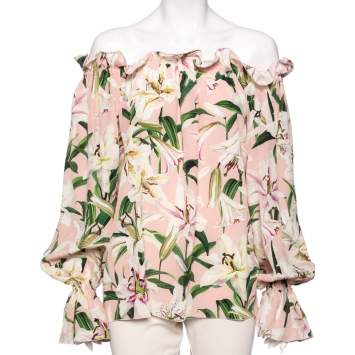 Pre Owned Dolce & Gabbana Pink Lily Printed Silk Ruffled Off Shoulder Top S