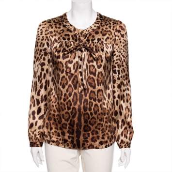 Pre Owned Dolce & Gabbana Brown Leopard Print Silk Bow Tie Top M