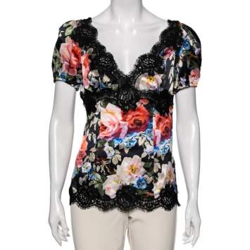 Pre Owned Dolce & Gabbana Black Floral Printed Silk Top M