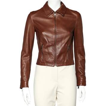 مملوكة مسبقًا Dolce & Gabbana Brown Leather Zip Front Cropped Jacket S