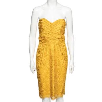 مملوكة مسبقًا Dolce & Gabbana Yellow Lace Ruched Strapless Dress L