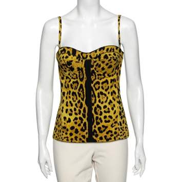 Pre Owned Dolce & Gabbana Yellow Leopard Print Silk Bustier Top L