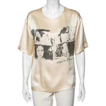Pre Owned Dolce & Gabbana Beige Shiny Silk Monica Bellucci Printed Top M