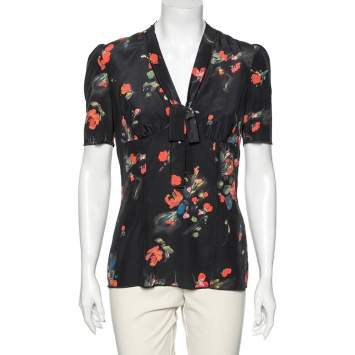 Pre Owned Dolce & Gabbana Black Floral Print Silk Bow Front Top M