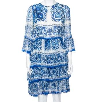 Pre Owned Dolce & Gabbana Blue and White Floral Print Ruffle Dress L