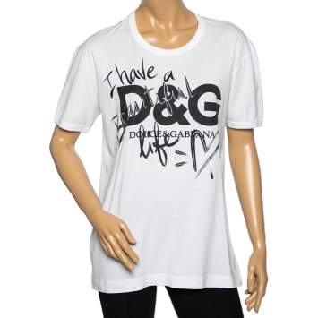 Pre Owned Dolce & Gabbana White I Have A Beautiful Life Printed Cotton Round Neck T-Shirt L 