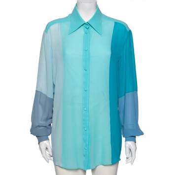 Pre Owned Dolce & Gabbana Blue Silk Color Block Long Sleeve Shirt M