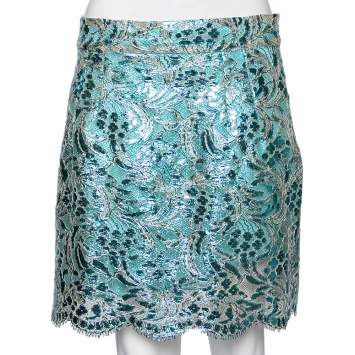 Pre Owned Dolce & Gabbana Metallic Blue Floral Lace Mini Skirt L