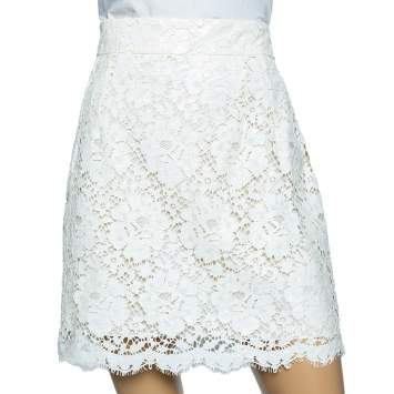 Pre Owned Dolce & Gabbana White Floral Laminated Lace Mini Skirt L