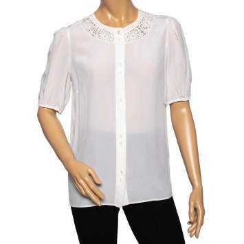 Pre Owned Dolce & Gabbana White Silk Lace Detailed Neck Top M