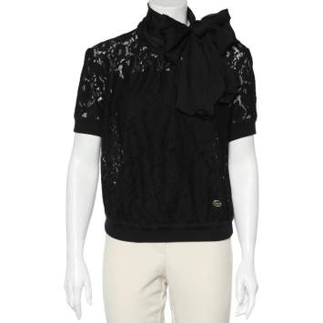 Pre Owned Dolce & Gabbana Black Lace & Silk Neck Tie Detail Top M