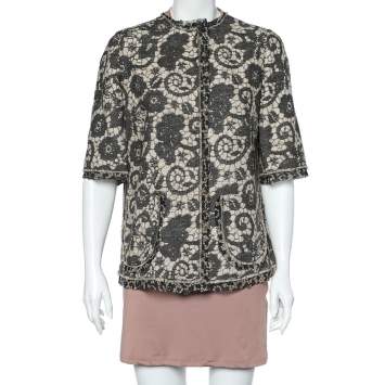مملوكة مسبقًا Dolce & Gabbana Beige Printed Textured Silk Button Front Jacket L