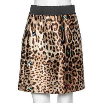Pre Owned Dolce & Gabbana Brown Leopard Printed Silk Crystal Embellished Mini Skirt M