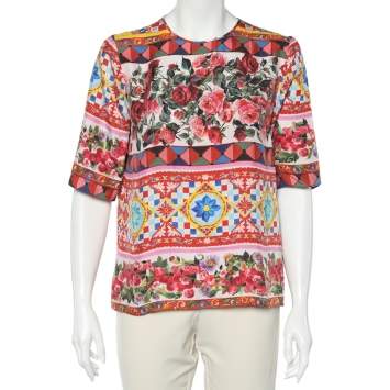 Pre Owned Dolce & Gabbana Multicolor Carretto Roses Printed Silk Top M
