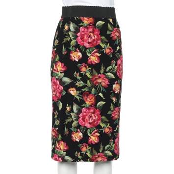 Pre Owned Dolce & Gabbana Black Floral Printed Crepe Pencil Skirt M