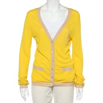 Pre Owned Dolce & Gabbana Yellow Logo Embroidered Cotton Knit Button Front Cardigan L
